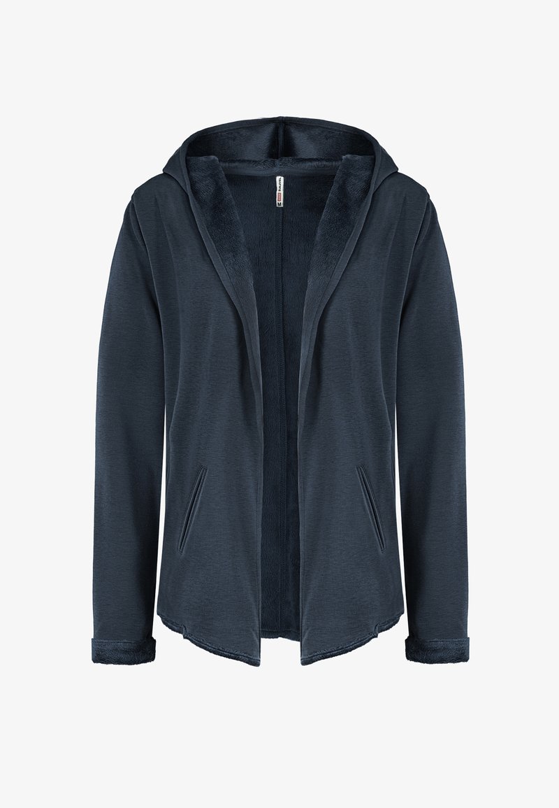 Marineblaue Kapuzenjacke mit weichem Fleece-Futter, offenem Vorderteil, zwei schrägen Taschen und umgeschlagenen Bündchen, die das Fleece-Innere zeigen.