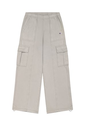 Pantalons cargo gris clair avec une taille élastique, deux poches latérales et deux grandes poches cargo. Fabriqués à partir d'un tissu doux et texturé.