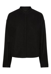 Veste en mélange de laine noire avec un col rond, des manches longues et un ourlet droit. Dispose d'une fermeture frontale dissimulée et d'un design minimaliste.