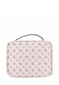 Borsa cosmetica rosa con motivo geometrico ripetuto, manico nero e bordi rifiniti. Adatta per organizzare piccoli oggetti.