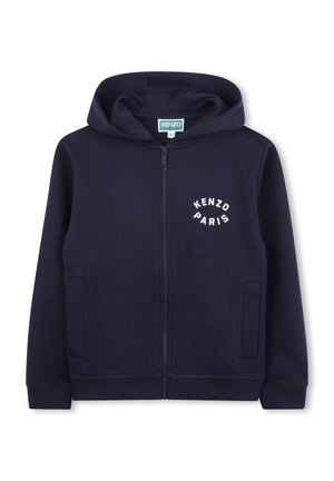 Navy zip-up hoodie made of cotton blend, featuring a front zipper, side pockets, and "KENZO PARIS" logo in white embroidery.