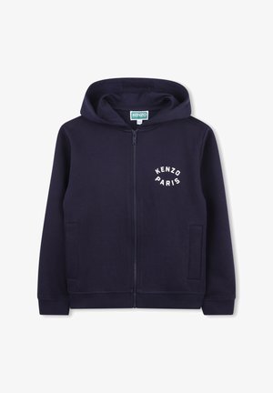 Hoodie zippé marine en mélange de coton, avec une fermeture éclair sur le devant, des poches latérales et le logo "KENZO PARIS" brodé en blanc.