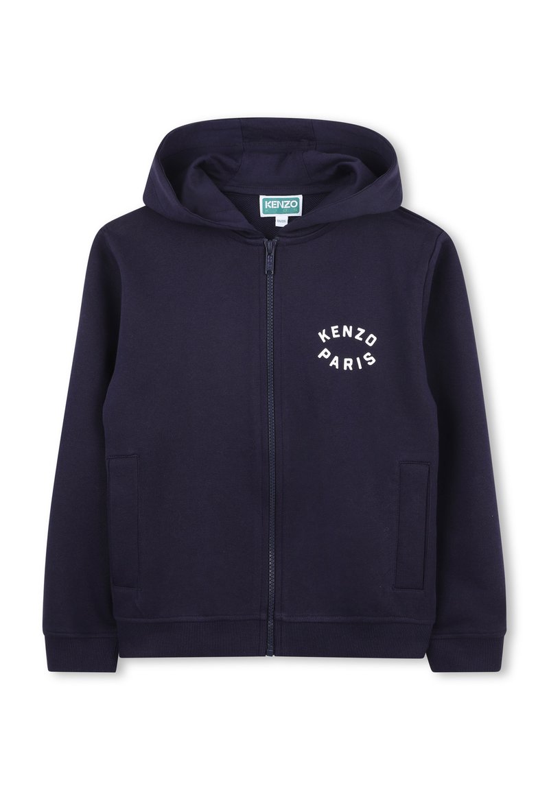 Hoodie zippé marine en mélange de coton, avec une fermeture éclair sur le devant, des poches latérales et le logo "KENZO PARIS" brodé en blanc.