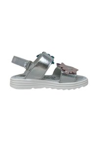 Sandali metallici argento con due cinturini regolabili, caratterizzati da decorazioni floreali in rosa e blu, e una suola in gomma bianca con texture antiscivolo.