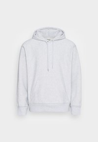 Světlounce šedá mikina s kapucí z měkké látky, vybavená předním kapsou, šňůrkami na stažení a žebrovanými lemy na rukávech a spodním okraji. Jednoduchý design bez vzorů.