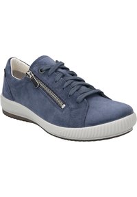 Navy blue suede sneaker with a white rubber sole, featuring lacing and a side zipper accent. Textured upper with smooth, rounded toe.