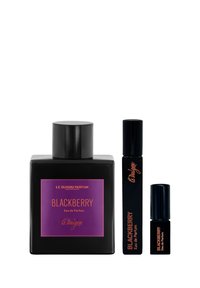 Schwarze rechteckige Flasche mit rundem schwarzen Deckel; lila Etikett mit goldener Schrift. Zwei kleinere schwarze Reisewasserflaschen und eine Schachtel, die alle übereinstimmen.