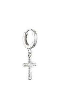 Silverfärgad hängörhänge med en texturerad, hängande korsberlock. Designen har en hamrad yta och en liten ögla för anslutning.