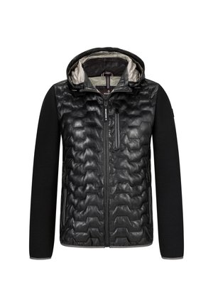 Schwarze Jacke mit einem gesteppten Vorderteil, gewebten Ärmeln und einer Kapuze. Verfügt über eine gepolsterte Brusttasche und graue Akzente an den Bündchen und dem Saum.