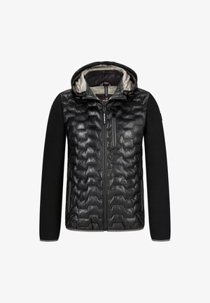 Schwarze Jacke mit einem gesteppten Vorderteil, gewebten Ärmeln und einer Kapuze. Verfügt über eine gepolsterte Brusttasche und graue Akzente an den Bündchen und dem Saum.