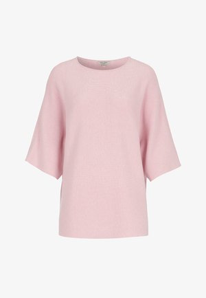 Lichtroze gebreide trui met korte mouwen, een ronde halslijn en een losse pasvorm, weergegeven tegen een effen witte achtergrond.