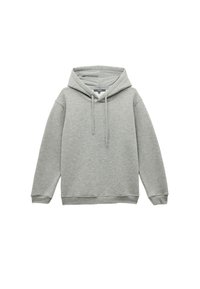 Szary sweatshirt z miękkiego materiału, z kapturem na sznurki, prążkowanymi mankietami i dołem, o luźnym kroju i bez widocznych wzorów.