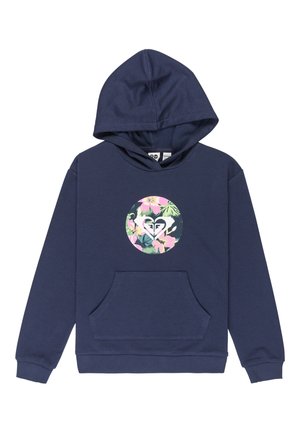 Granatowa bluza z kapturem z przednią kieszenią kangurka i okrągłym kwiatowym logo z różowymi kwiatami i zielonymi liśćmi na środku klatki piersiowej.
