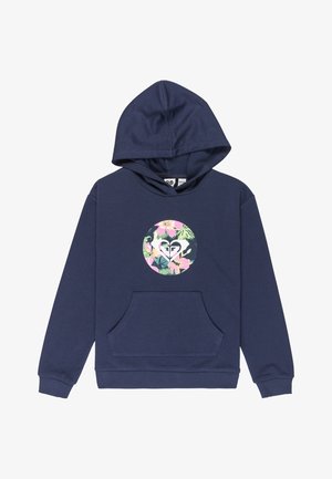 Marineblå hættetrøje med frontlomme og rund blomsterlogo med pink blomster og grønne blade midt på brystet.
