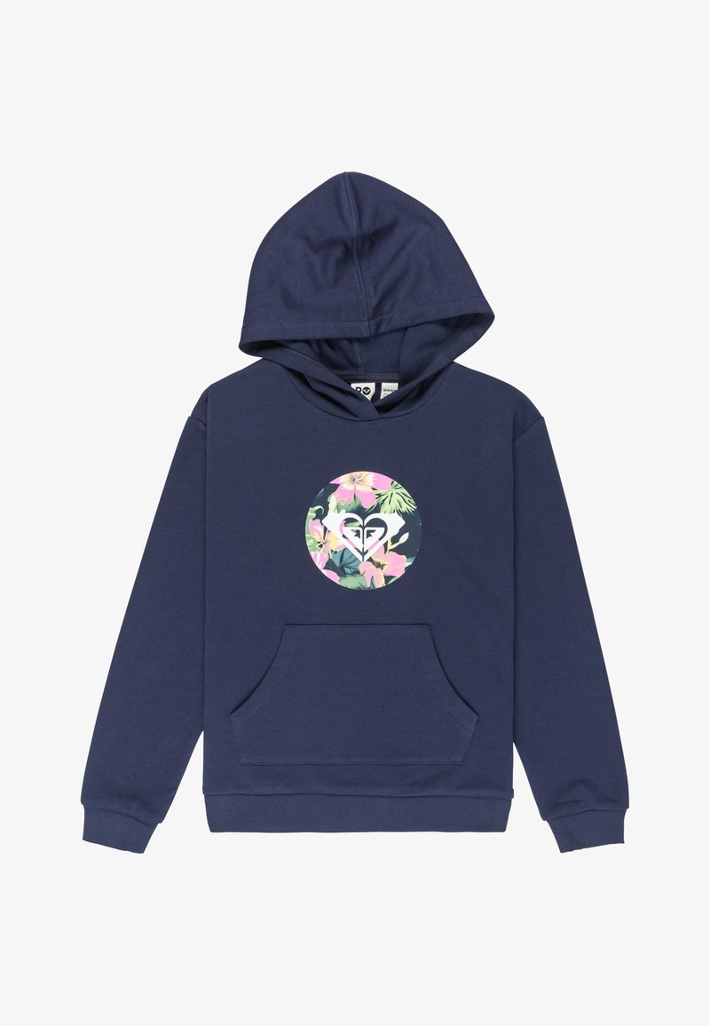 Sweat à capuche bleu marine avec poche kangourou à l'avant et logo floral circulaire avec des fleurs roses et des feuilles vertes au centre de la poitrine.