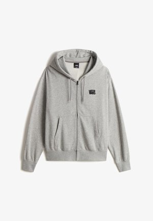 Grauer Kapuzenpullover mit Reißverschluss aus weichem Stoff, ausgestattet mit einer Kapuze mit Kordelzug, Fronttaschen und einem schwarzen Vans-Logo auf der linken Brustseite.