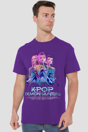 Man wearing purple t-shirt with colorful K-Pop Demon Hunters graphic featuring animated characters and text on front.