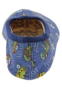 Blauwe instap schoenen met een kleurrijk tractorpatroon, gemaakt van stof, met een ronde vorm en een textuur aan de binnenzool.