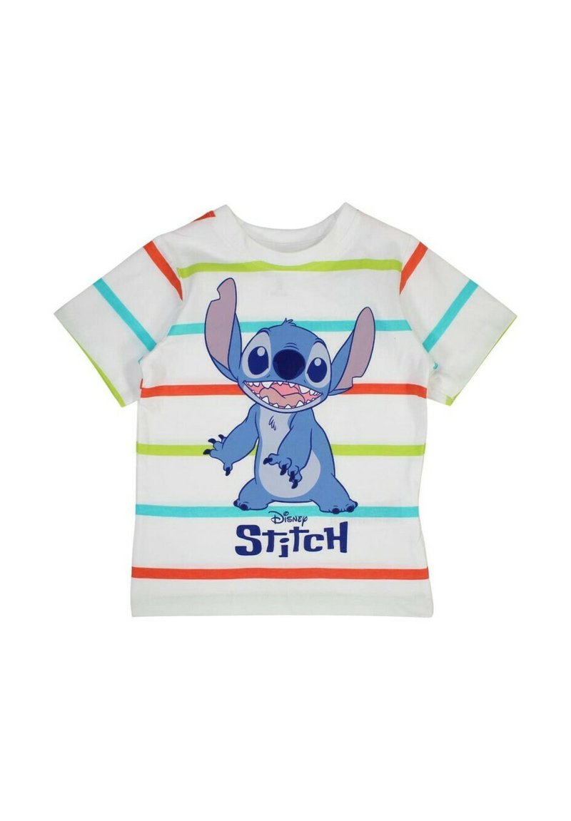 T-shirt blanc à manches courtes avec des rayures horizontales colorées en orange, vert et bleu. Présente un graphique de Stitch de Disney.