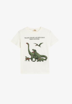 Weißes Baumwoll-T-Shirt mit grünen Dinosaurier-Illustrationen und schwarzem Text, der "Trias-, Jura- und Kreidezeit-Monster" sagt.