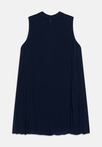 Robe sans manches bleu marine avec un col et des plis verticaux. Dispose d'une fermeture éclair au dos et d'un tissu doux et fluide.