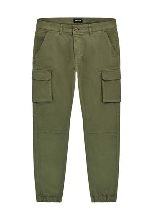 Olivegrüne Cargo-Hose aus leichtem Material mit elastischen Bündchen, zwei Seitentaschen und zwei großen Cargo-Taschen an den Oberschenkeln.