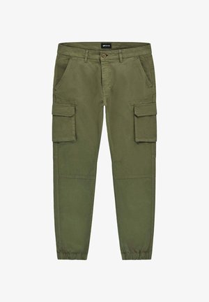 Olivegrüne Cargo-Hose aus leichtem Material mit elastischen Bündchen, zwei Seitentaschen und zwei großen Cargo-Taschen an den Oberschenkeln.