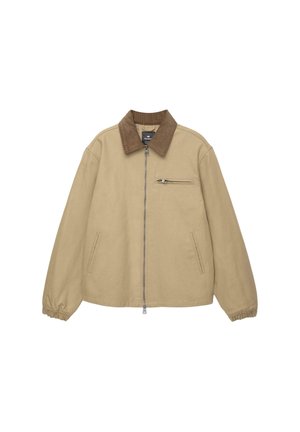 Beige zip-up jacket with brown corduroy collar, elastic cuffs, two side pockets, and one zippered chest pocket.
