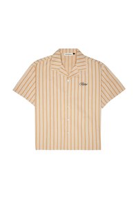 Short-sleeve button-up shirt in beige with orange vertical stripes. Features a notched collar and embroidered logo on the left chest.
