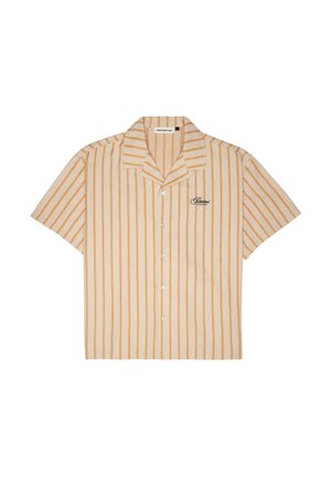 Short-sleeve button-up shirt in beige with orange vertical stripes. Features a notched collar and embroidered logo on the left chest.