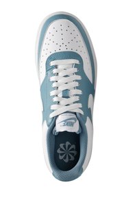 Sneakers Nike Court Vision con tomaia in pelle bianca, dettagli in pelle blu, punta forata, lacci bianchi e soletta testurizzata.