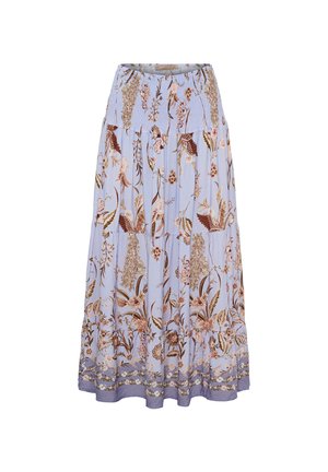 Lyseblå ankel-lang nederdel med elastisk talje, blomstermønstre og bladmotiver i brune, beige og rosa nuancer samt dekorativ kant.