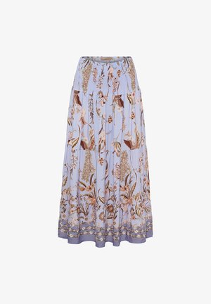 Lyseblå ankel-lang nederdel med elastisk talje, blomstermønstre og bladmotiver i brune, beige og rosa nuancer samt dekorativ kant.