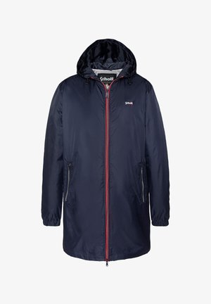 Granatowa wodoodporna kurtka z kapturem, z czerwonym zamkiem i detalami. Posiada dwie kieszenie boczne i lekko luźny krój. Gładka tekstura.