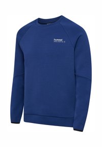 Blauwe lange mouwen crewneck sweat met klein wit "hummel" logo en tekst op de linkerbovenborst, met zwarte details aan de boorden.