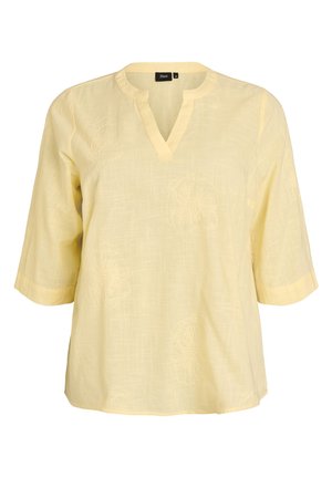 Hellgelbe Bluse mit kurzen Ärmeln, V-förmigem Ausschnitt und feinem floralen Stickmuster, aus strukturiertem Stoff, mit dem Etikett "Zizzi" Größe M.