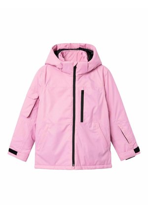 Veste à capuche rose avec zip frontal, accents noirs, deux poches latérales et une poche sur la manche. Texture lisse avec un design léger.
