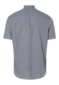 Kurzärmeliges Hemd aus dunkelblauem Stoff mit dezentem geometrischem Muster, ausgestattet mit klassischem Kragen und geschwungenem Saum.