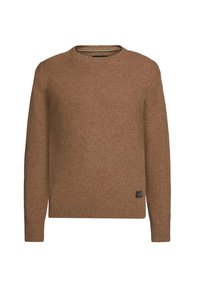 Brun uldtrøje med rund hals, ribbede manchetter og kant. Har et lille mærke nederst. Blød tekstur og ensfarvet.