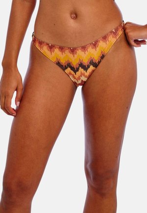 Bikinionderdeel in een zigzagpatroon met oranje, gele en bruine tinten. Kenmerkt een lage snit en zijhardware accenten. Textuurstof.