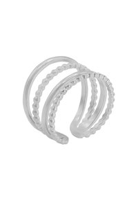 Anello multi-band in argento con motivo testurizzato, che include superfici lisce, perlate e ondulate, con una forma aperta.