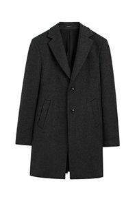 Cappotto in lana grigio scuro a un petto con rever a scalino, due bottoni neri e due tasche anteriori angolate, esposto su uno sfondo bianco.