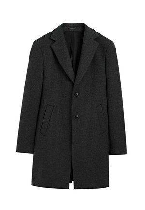 Dark gray single-breasted wool coat with notch lapels, two black buttons, and two angled front pockets, displayed against a white background.