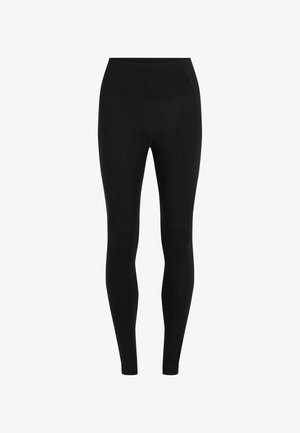 Schwarze Leggings aus einem dehnbaren Stoff mit einem hohen Bund. Das Design ist figurbetont ohne sichtbare Muster oder Akzente.