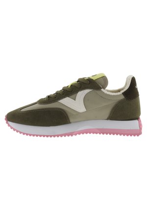 Green suede and synthetic sneaker with white accents, pink rubber sole, rounded toe, and soft interior lining. Features lace-up closure.