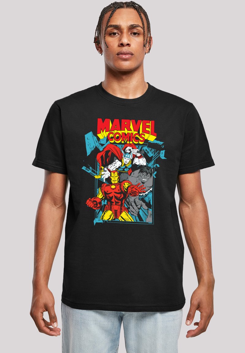 Juodas medvilnės marškinėliai su spalvingu Marvel Comics grafiku, kuriame pavaizduoti superherojai Šarvuotis, Toras ir Hulkas komiksų stiliumi.