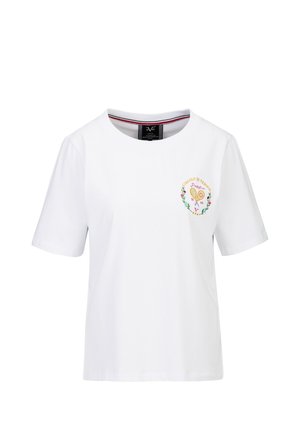 T-shirt blanc à manches courtes avec col rond et petite broderie colorée sur le thème du tennis sur le côté gauche de la poitrine.