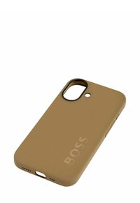 Tan silikonowy etui na telefon z matowym wykończeniem, wycięciami na aparat i porty oraz subtelnym wytłoczonym logo "BOSS".