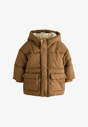 Smeđi zimski kaput s podstavljenim materijalom i kapuljačom obloženom krznom, dvostrukim prednjim džepovima i kviltanim dizajnom s kontrastnim šavovima.