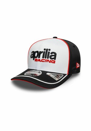 Baseball cap with white front, black sides and bill, red trim, and "aprilia RACING" embroidered on front.